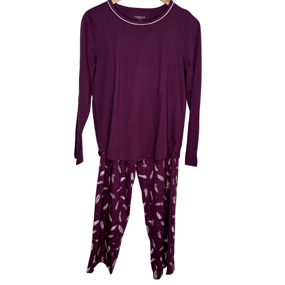 Charter Club Intimates Pajama Set Womens Small Purple Feather Print Loungewear
